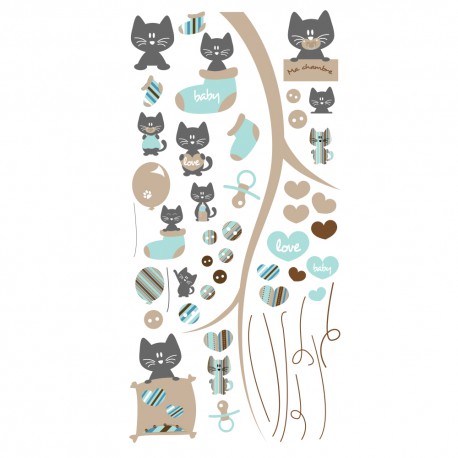 Stickers petits chats bleu et gris pour chambre bébé garçon - Autocollants  bébé